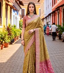 Sangam prints olive gold satin woven work traditional saree