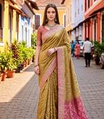 Sangam prints olive gold satin woven work traditional saree