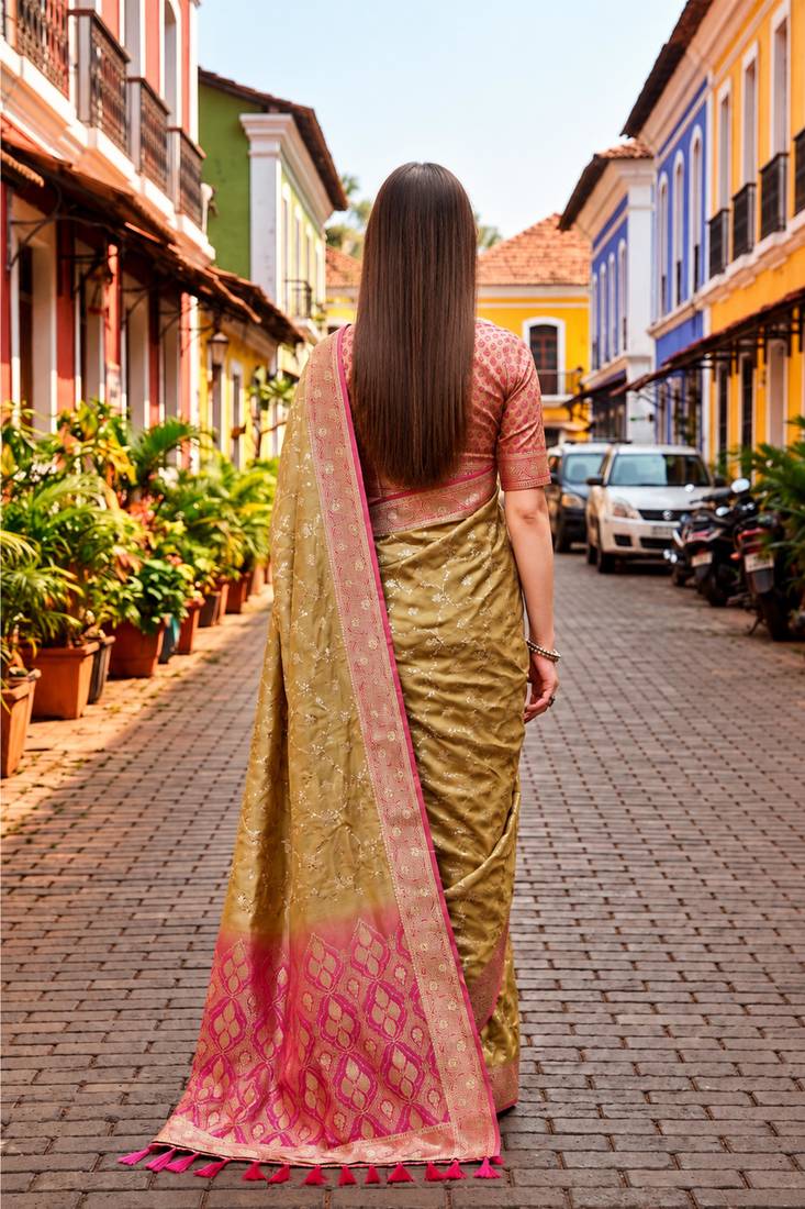 Sangam prints olive gold satin woven work traditional saree