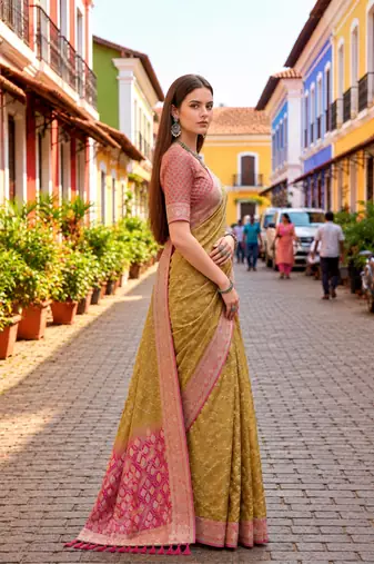 Sangam prints olive gold satin woven work traditional saree