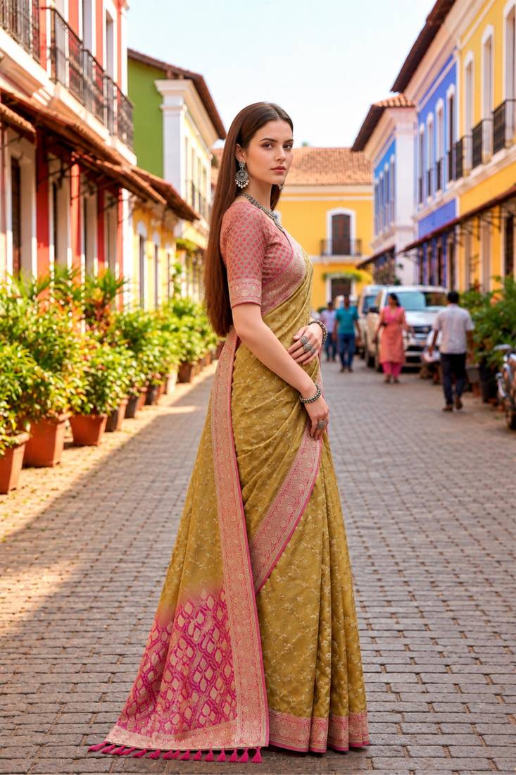 Sangam prints olive gold satin woven work traditional saree