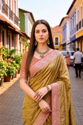 Sangam prints olive gold satin woven work traditional saree