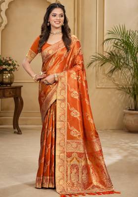 Sangam prints rust orange satin woven work traditional saree 1