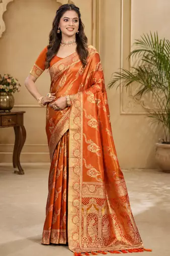 Sangam prints rust orange satin woven work traditional saree