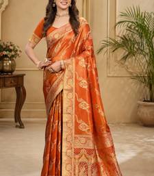 Sangam prints rust orange satin woven work traditional saree