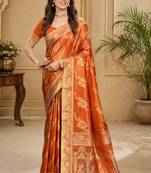 Sangam prints rust orange satin woven work traditional saree