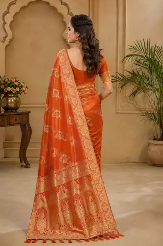 Sangam prints rust orange satin woven work traditional saree