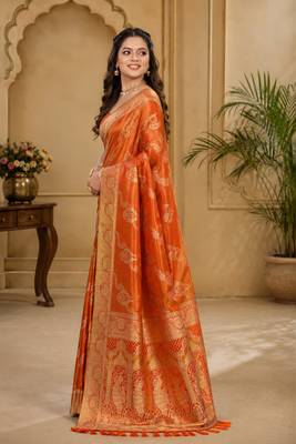Sangam prints rust orange satin woven work traditional saree 3