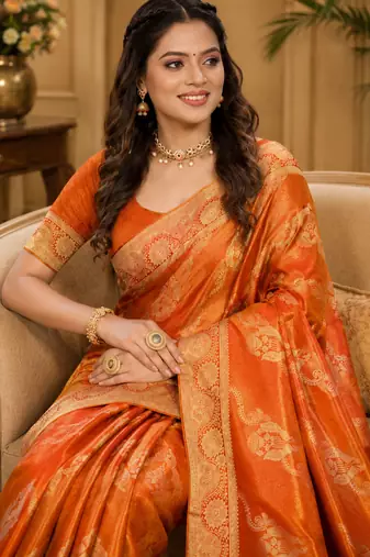 Sangam prints rust orange satin woven work traditional saree