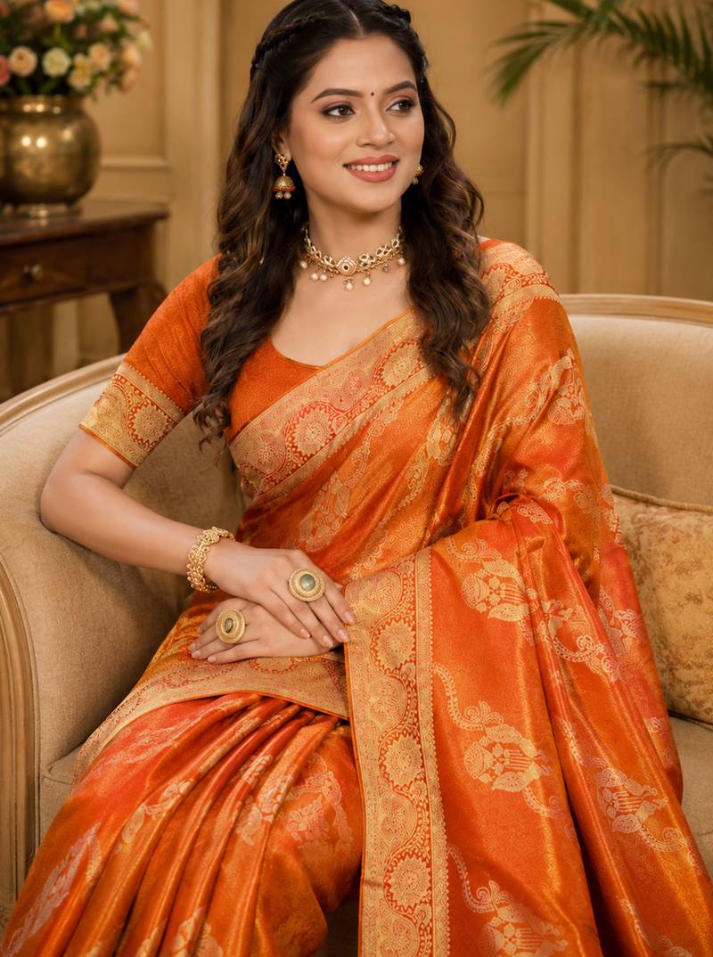 Sangam prints rust orange satin woven work traditional saree