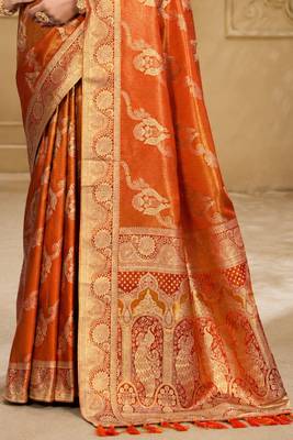 Sangam prints rust orange satin woven work traditional saree 5