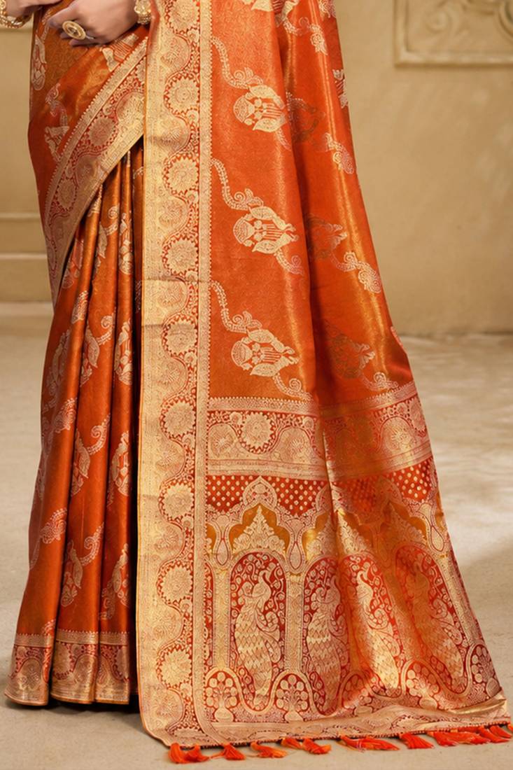Sangam prints rust orange satin woven work traditional saree