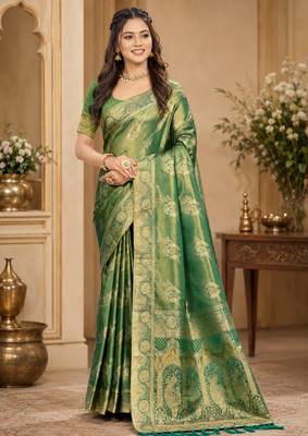 Sangam prints sea green satin woven work traditional saree 1