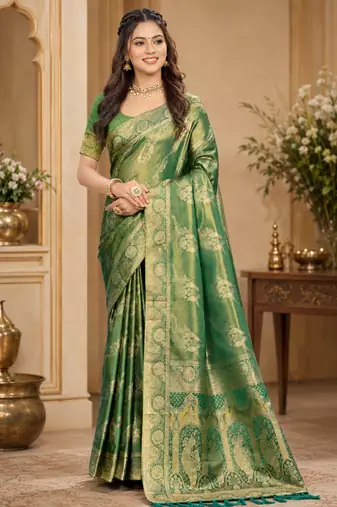 Sangam prints sea green satin woven work traditional saree