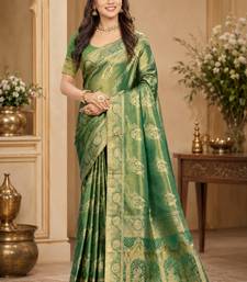Sangam prints sea green satin woven work traditional saree