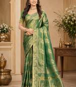 Sangam prints sea green satin woven work traditional saree