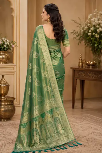 Sangam prints sea green satin woven work traditional saree