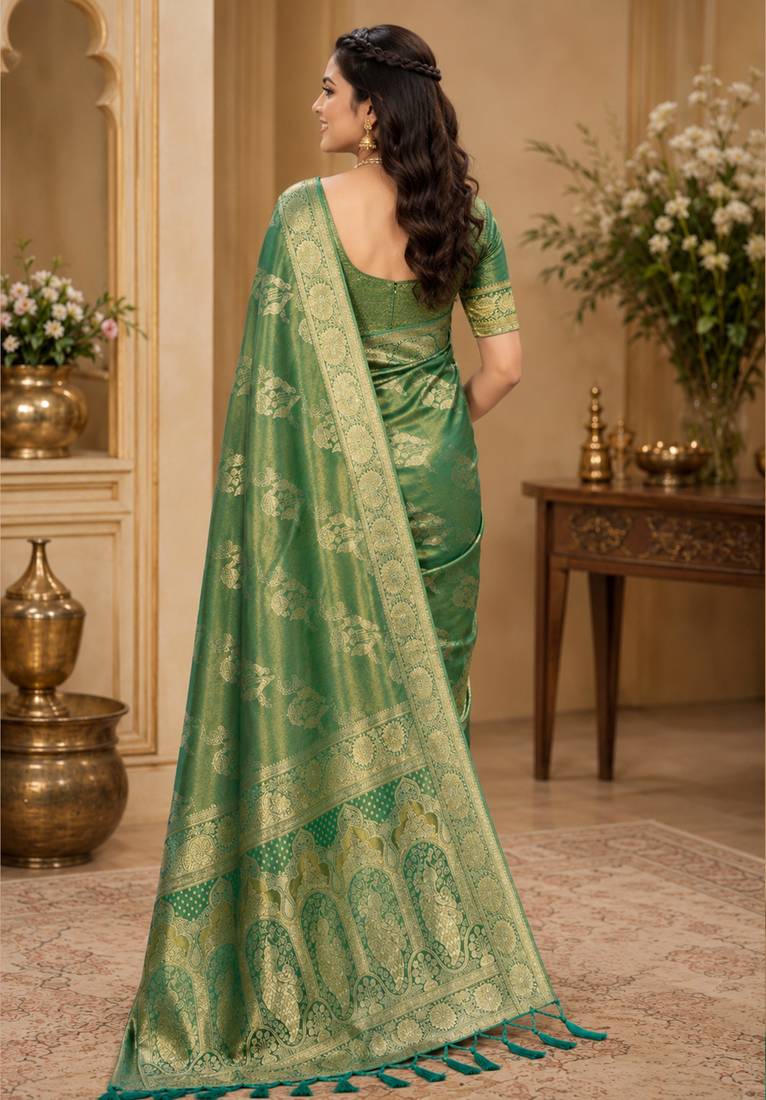 Sangam prints sea green satin woven work traditional saree