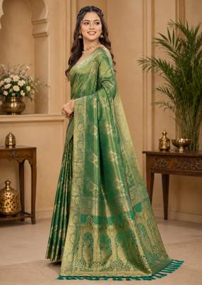 Sangam prints sea green satin woven work traditional saree 3
