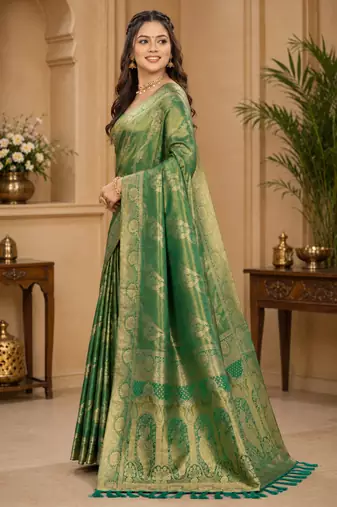 Sangam prints sea green satin woven work traditional saree