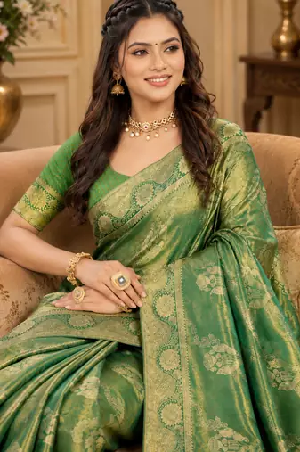 Sangam prints sea green satin woven work traditional saree