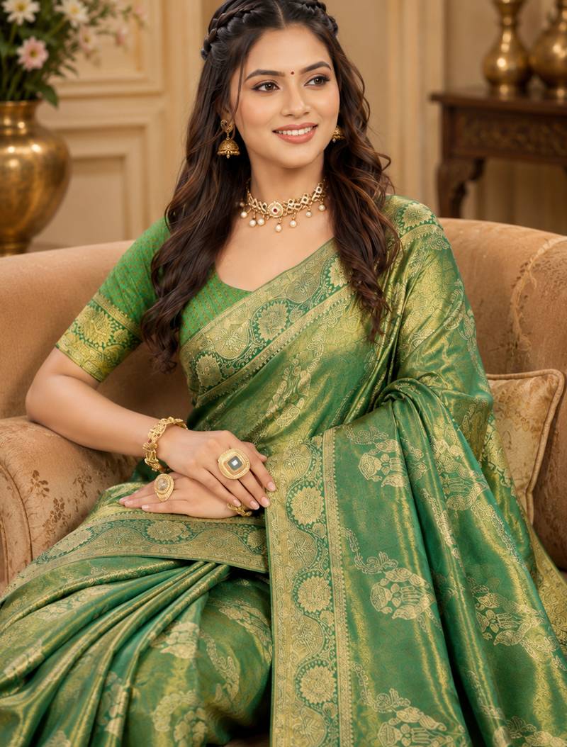 Sangam prints sea green satin woven work traditional saree