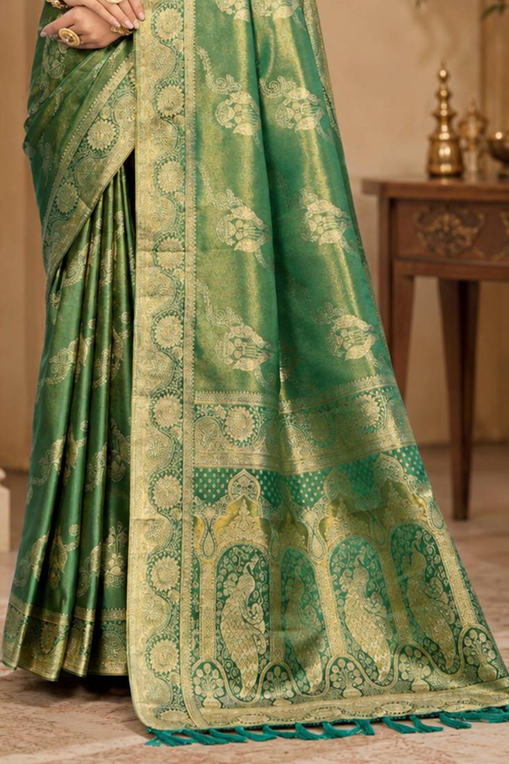 Sangam prints sea green satin woven work traditional saree