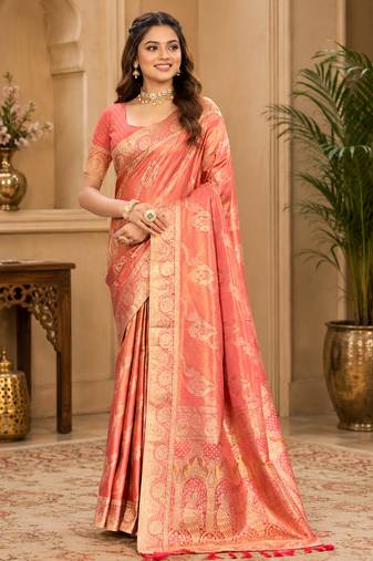Sangam prints peach pink satin woven work traditional saree