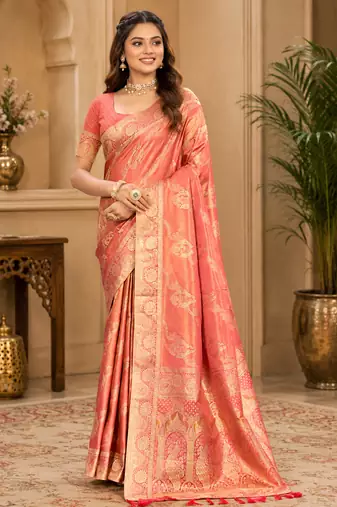 Sangam prints peach pink satin woven work traditional saree