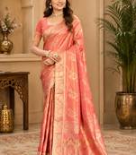 Sangam prints peach pink satin woven work traditional saree