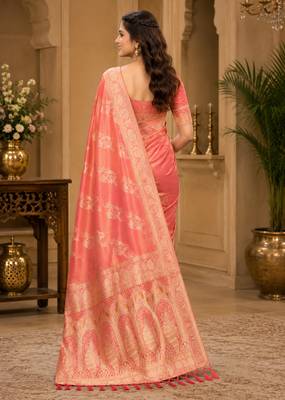 Sangam prints peach pink satin woven work traditional saree 2