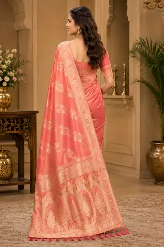 Sangam prints peach pink satin woven work traditional saree