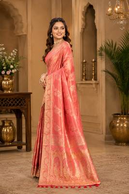 Sangam prints peach pink satin woven work traditional saree 3