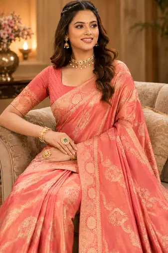 Sangam prints peach pink satin woven work traditional saree