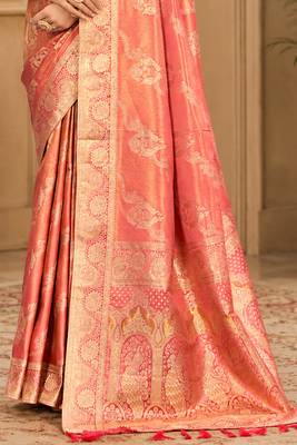 Sangam prints peach pink satin woven work traditional saree 5