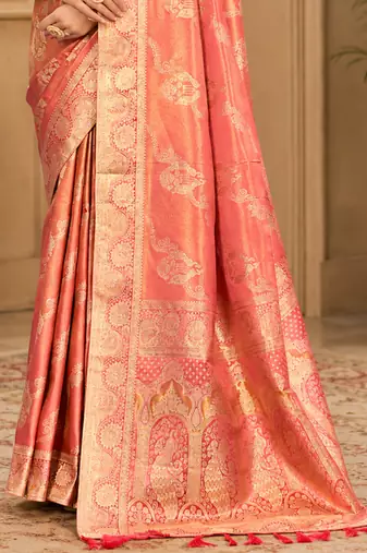Sangam prints peach pink satin woven work traditional saree