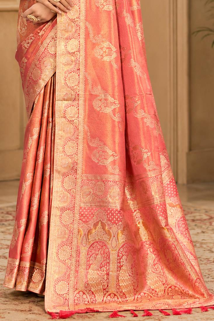 Sangam prints peach pink satin woven work traditional saree