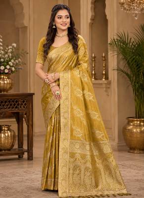 Sangam prints mustard gold satin woven work traditional saree 1