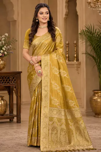 Sangam prints mustard gold satin woven work traditional saree
