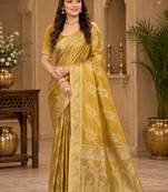 Sangam prints mustard gold satin woven work traditional saree