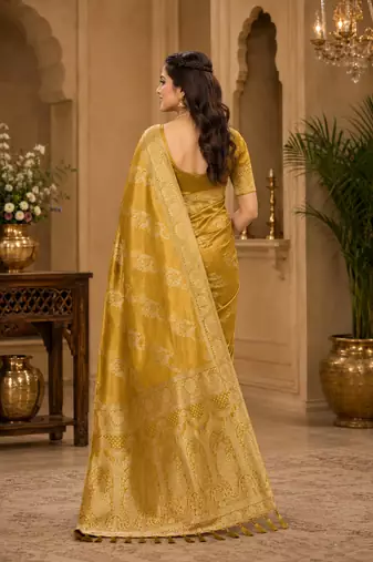Sangam prints mustard gold satin woven work traditional saree