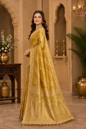 Sangam prints mustard gold satin woven work traditional saree