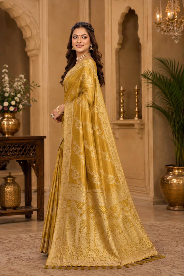 Sangam prints mustard gold satin woven work traditional saree