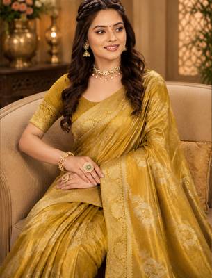 Sangam prints mustard gold satin woven work traditional saree 4
