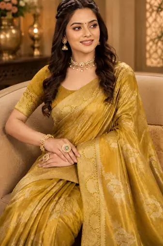 Sangam prints mustard gold satin woven work traditional saree