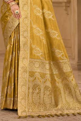 Sangam prints mustard gold satin woven work traditional saree 5