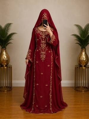 Maroon Gold Embroidered Kaftan Dress 1
