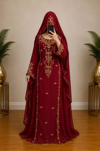 Maroon Gold Embroidered Kaftan Dress