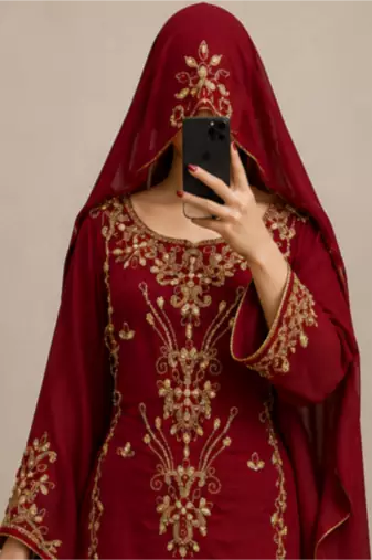 Maroon Gold Embroidered Kaftan Dress