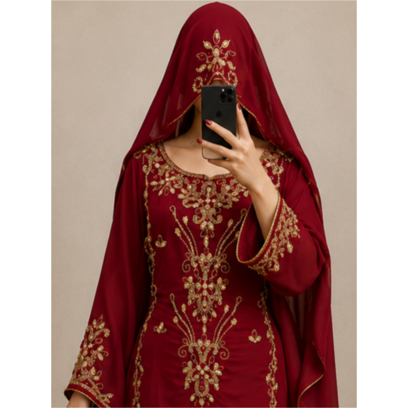 Maroon Gold Embroidered Kaftan Dress